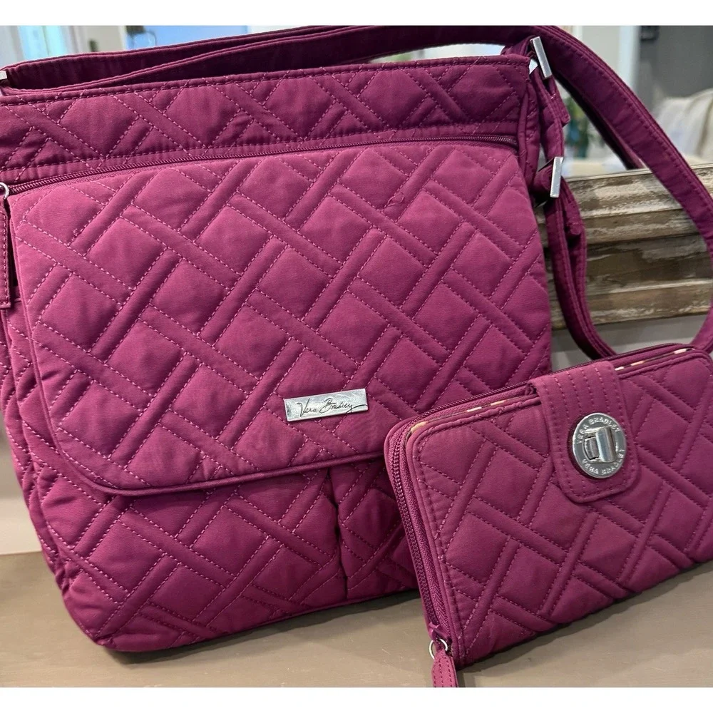 Vera Bradley Plum/Berry Double Zip Crossbody Mailbag & Turn Lock Wallet Retired
